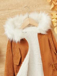SHEIN Tween Girl Fuzzy Trim Drawstring Waist Hooded Thermal Lined Coat - Brown - View 5