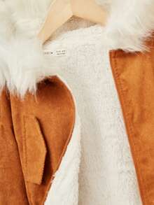 SHEIN Tween Girl Fuzzy Trim Drawstring Waist Hooded Thermal Lined Coat - Brown - View 7