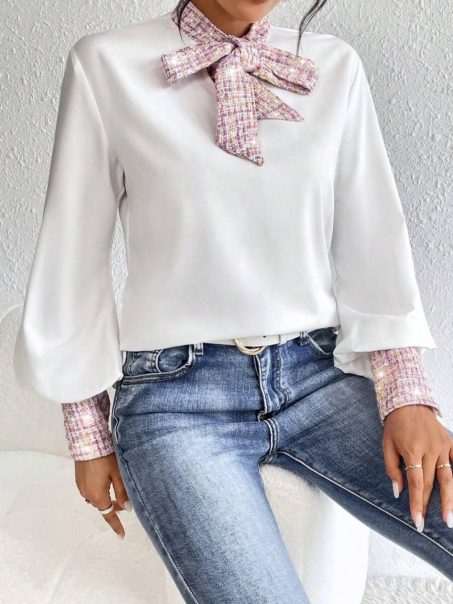 SHEIN Clasi Plaid Print Tie Neck Blouse - White - View 1