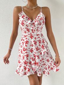 SHEIN VCAY 印花荷葉邊圍裹側打結吊帶洋裝