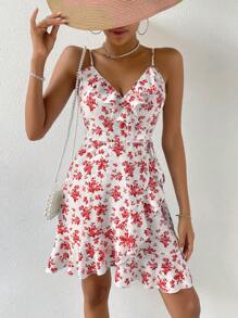 SHEIN VCAY 印花荷葉邊圍裹側打結吊帶洋裝