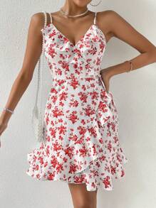 SHEIN VCAY 印花荷葉邊圍裹側打結吊帶洋裝