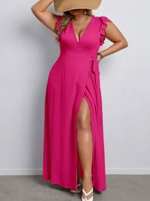 SHEIN VCAY 大碼荷葉邊側打結圍裹連衣裙 - 玫紅色 - 查看 1