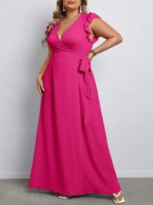 SHEIN VCAY 大碼荷葉邊側打結圍裹連衣裙 - 玫紅色 - 查看 3