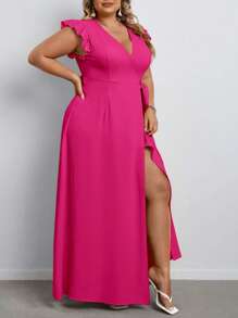 SHEIN VCAY 大碼荷葉邊側打結圍裹連衣裙 - 玫紅色 - 查看 4