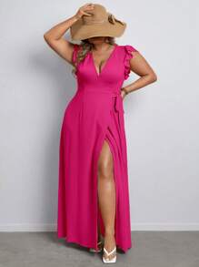 SHEIN VCAY 大碼荷葉邊側打結圍裹連衣裙 - 玫紅色 - 查看 7