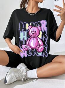 SHEIN EZwear Áo thun nữ cỡ lớn in hình gấu hồng cổ tròn - màu đen - Xem 2