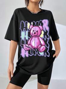 SHEIN EZwear Áo thun nữ cỡ lớn in hình gấu hồng cổ tròn - màu đen - Xem 5