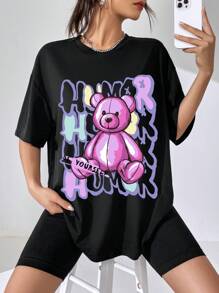 SHEIN EZwear Áo thun nữ cỡ lớn in hình gấu hồng cổ tròn - màu đen - Xem 6