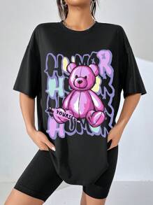 SHEIN EZwear Áo thun nữ cỡ lớn in hình gấu hồng cổ tròn - màu đen - Xem 8