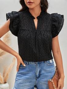 SHEIN Frenchy Notched Neckline Butterfly Sleeve Schiffy Blouse - Black - View 1