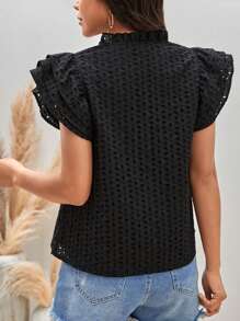 SHEIN Frenchy Notched Neckline Butterfly Sleeve Schiffy Blouse - Black - View 2