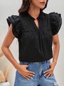 SHEIN Frenchy Notched Neckline Butterfly Sleeve Schiffy Blouse - Black - View 5