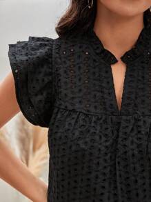 SHEIN Frenchy Notched Neckline Butterfly Sleeve Schiffy Blouse - Black - View 6