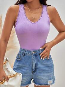 SHEIN Frenchy Chất rắn Đồ đan Ribbed Áo ba lỗ - Màu Lilac Tím - Xem 1