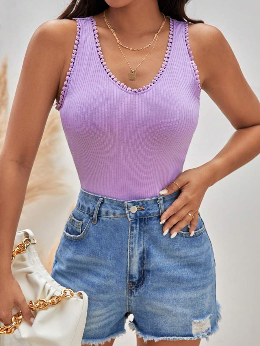 SHEIN Frenchy Chất rắn Đồ đan Ribbed Áo ba lỗ - Màu Lilac Tím - Xem 1