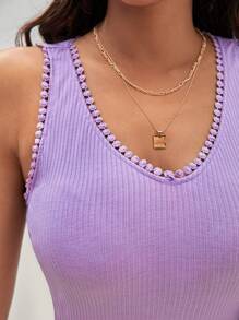 SHEIN Frenchy Chất rắn Đồ đan Ribbed Áo ba lỗ - Màu Lilac Tím - Xem 4