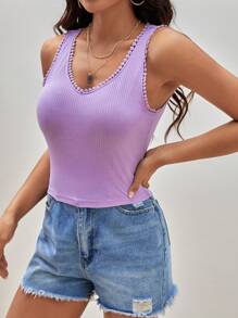 SHEIN Frenchy Chất rắn Đồ đan Ribbed Áo ba lỗ - Màu Lilac Tím - Xem 5