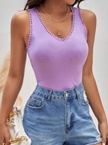 SHEIN Frenchy Chất rắn Đồ đan Ribbed Áo ba lỗ - Màu Lilac Tím - Xem 6