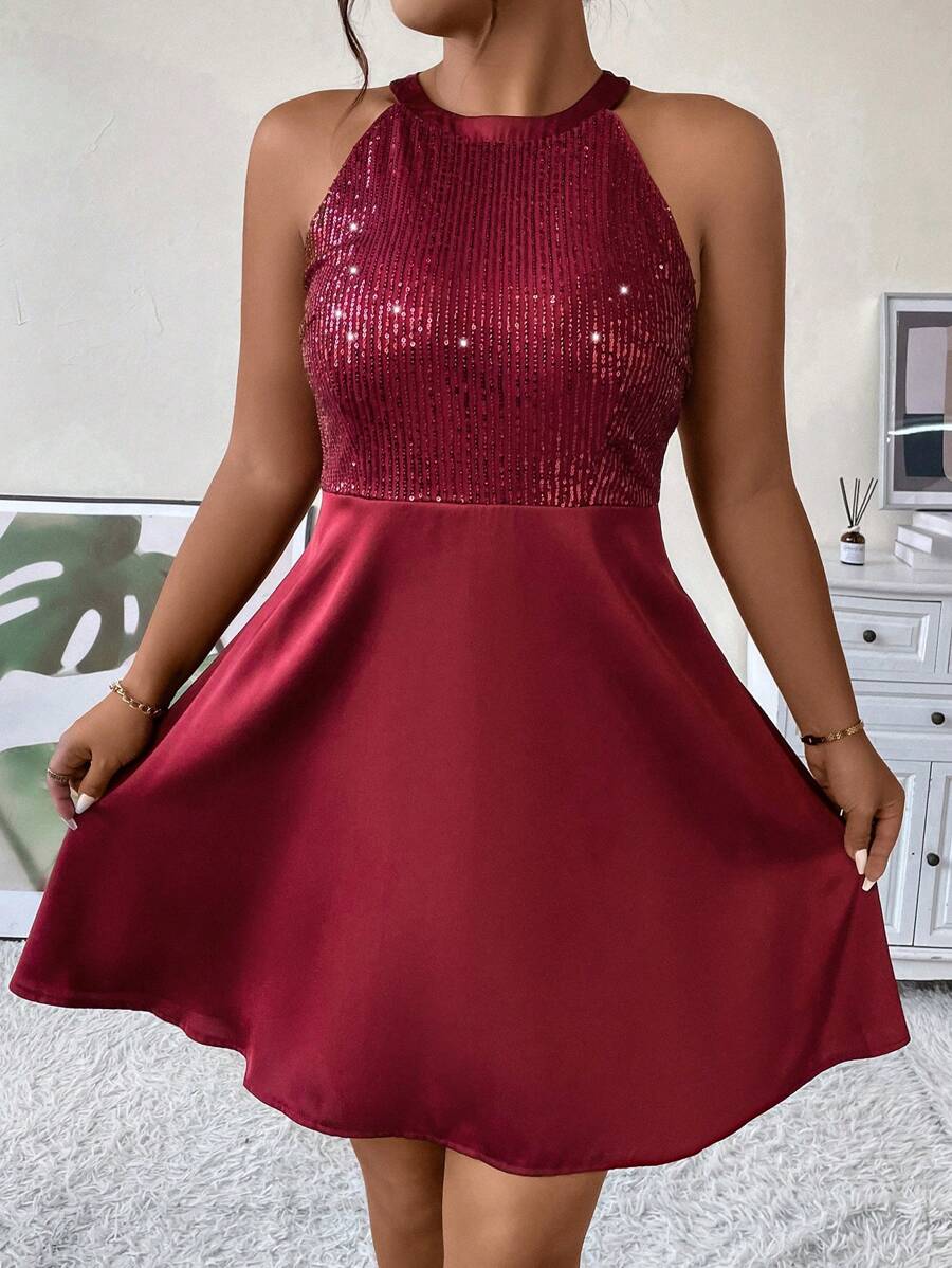 SHEIN Clasi Plus Contrast Sequin Halter Dress - Burgundy - View 1