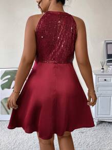 SHEIN Clasi Plus Contrast Sequin Halter Dress - Burgundy - View 2