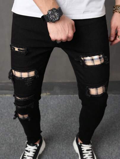 Jeans déchirés et effilochés skinny pour hommes, jeans cargo noirs longs, slim fit et déchirés pour mari, cadeaux pour petit ami