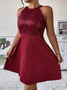 SHEIN Clasi Plus Contrast Sequin Halter Dress - Burgundy - View 5
