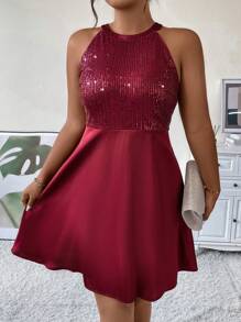 SHEIN Clasi Plus Contrast Sequin Halter Dress - Burgundy - View 6