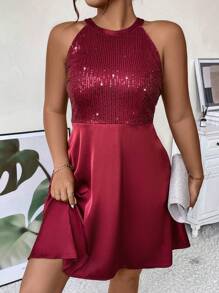 SHEIN Clasi Plus Contrast Sequin Halter Dress - Burgundy - View 7