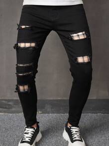 Manfinity Homme 男士破洞紧身牛仔裤 破洞牛仔裤，修身长款破洞黑色工装牛仔裤，适合送给老公、男朋友的礼物