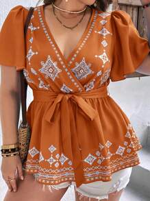 SHEIN VCAY Plus Geo Print Butterfly Sleeve Belted Blouse - Rust Brown - View 3