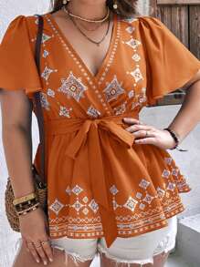 SHEIN VCAY Plus Geo Print Butterfly Sleeve Belted Blouse - Rust Brown - View 4