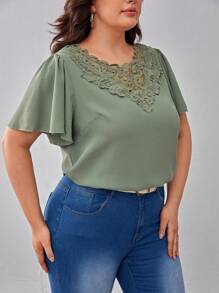 SHEIN Frenchy Plus Guipure Lace Panel Butterfly Sleeve Blouse