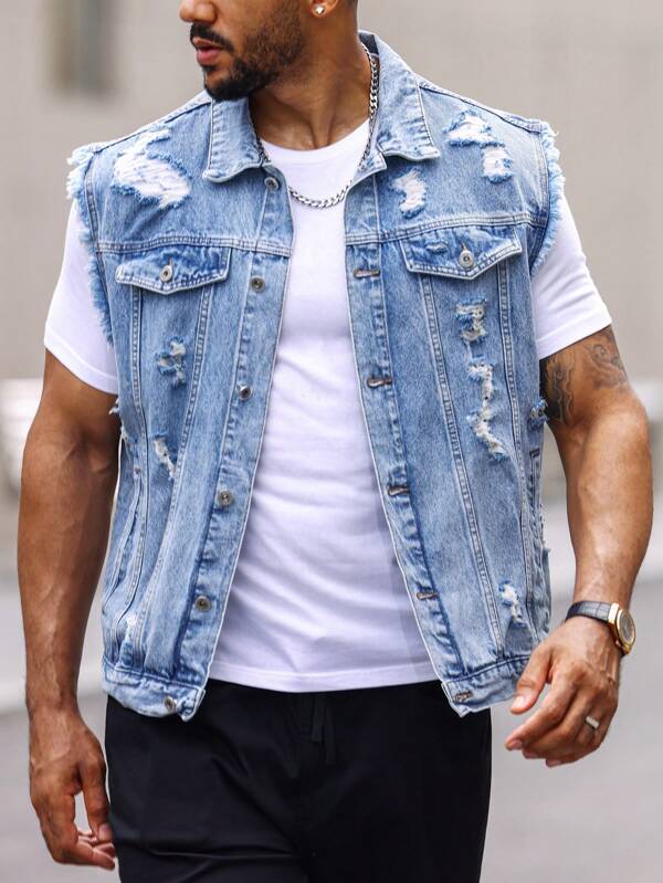 RivetRise Men Ripped Frayed Denim Vest Jacket Without Tee, Plain Light Blue Party Grunge Rapper Denim Vest Jacket