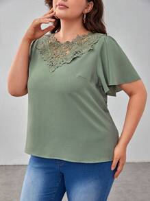 SHEIN Frenchy Plus Guipure Lace Panel Butterfly Sleeve Blouse
