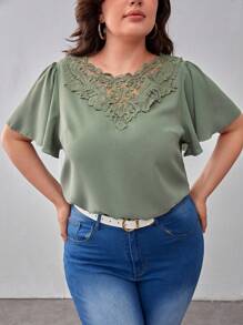 SHEIN Frenchy Plus Guipure Lace Panel Butterfly Sleeve Blouse