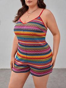 Dreamara Plus Geo Print Cami Romper - Multicolor - View 5