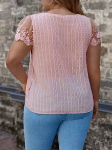 SHEIN Frenchy Plus Swiss Dot Contrast Lace Blouse - Baby Pink - View 2
