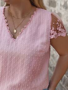 SHEIN Frenchy Plus Swiss Dot Contrast Lace Blouse - Baby Pink - View 5