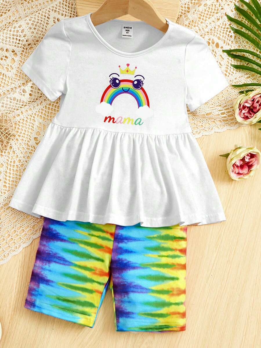SHEIN Young Girl Rainbow & Letter Graphic Peplum Tee & Tie Dye Shorts