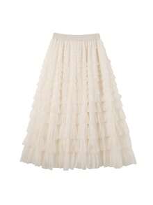 A字高腰网纱荷叶边裙，别致甜美的仙女裙 - 杏色 - 查看 5