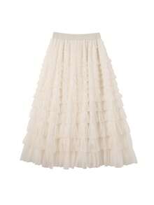 A字高腰网纱荷叶边裙，别致甜美的仙女裙 - 杏色 - 查看 4