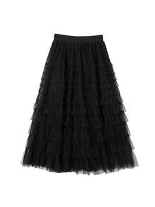 高腰A字网纱层叠蛋糕设计半身裙，优雅甜美中长薄纱半身裙，女士休闲装 - 黑色 - 查看 3