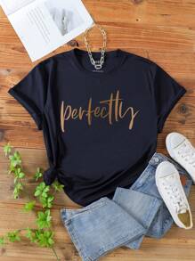 大碼字母圖案T恤 - 藏蓝色 - 查看 1