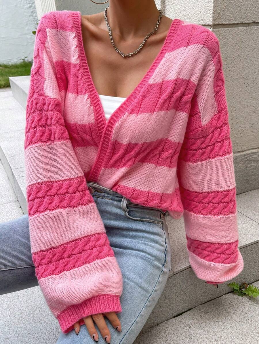 SHEIN Essnce Two Tone Drop Shoulder Cardigan - Pink - View 1