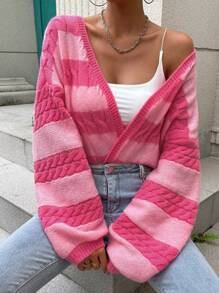 SHEIN Essnce Two Tone Drop Shoulder Cardigan - Pink - View 5