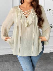 Franclia Talla grande Blusa ribete con fruncido con cordón delantero de manga con volante - Albaricoque - Ver 4