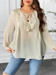 Franclia Talla grande Blusa ribete con fruncido con cordón delantero de manga con volante - Albaricoque - Ver 5