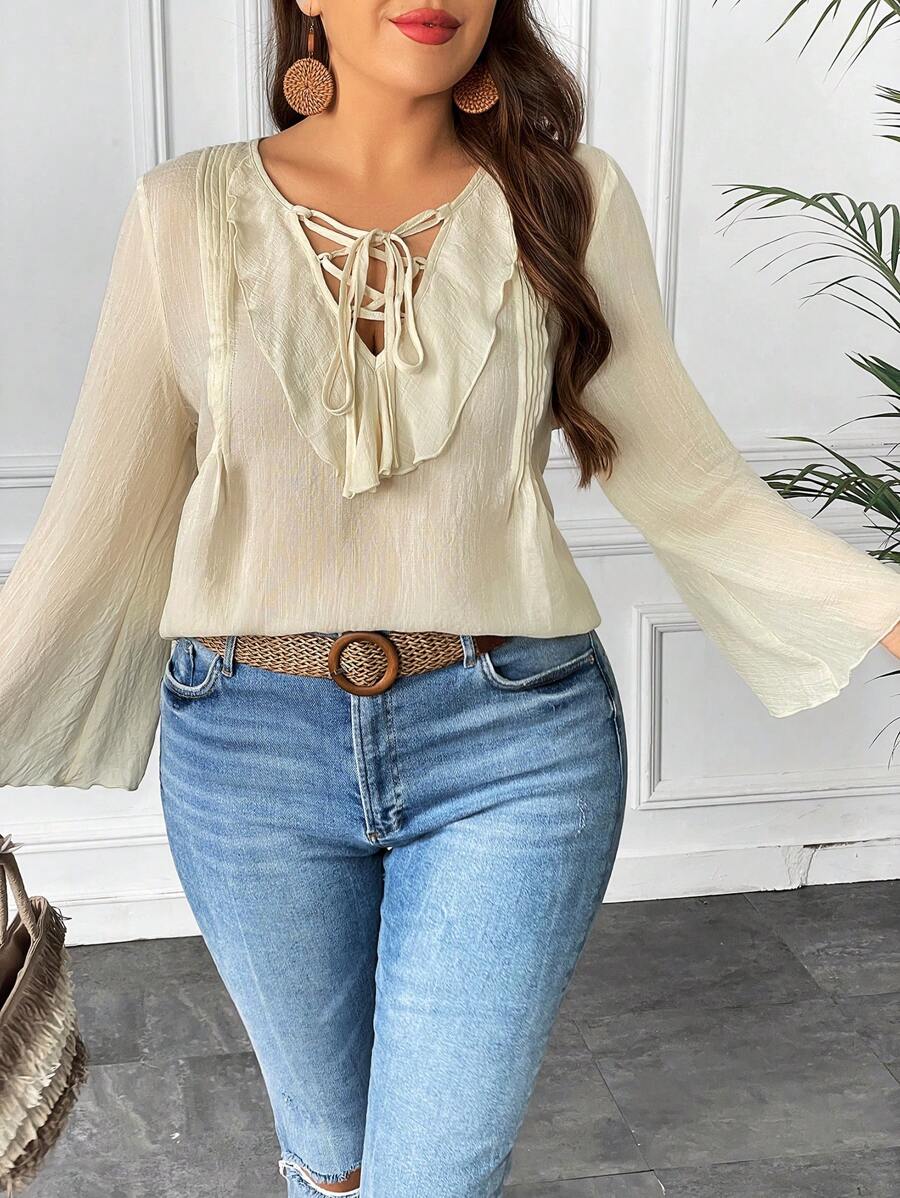 Franclia Talla grande Blusa ribete con fruncido con cordón delantero de manga con volante - Albaricoque - Ver 1