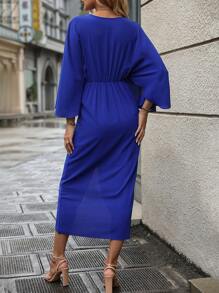 SHEIN Clasi Solid Batwing Sleeve Twist Front Wrap Hem Dress - Blue - View 2